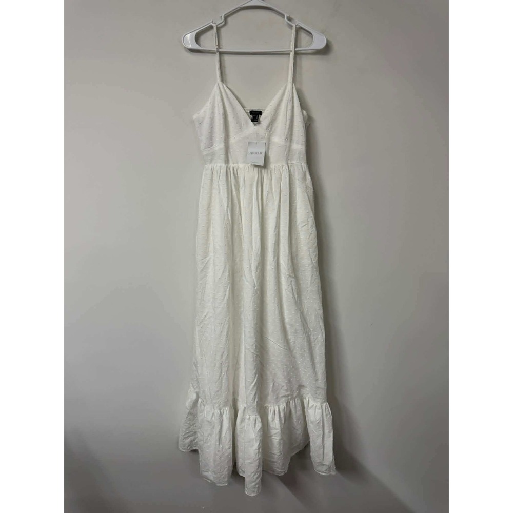 Forever 21 Medium White Swiss Dot Cotton Maxi Dress V-Neck Smocked Back Pockets